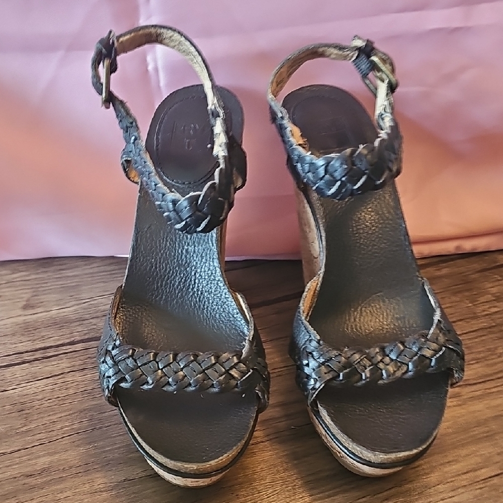 Frye Black Woven Wedge Sandals